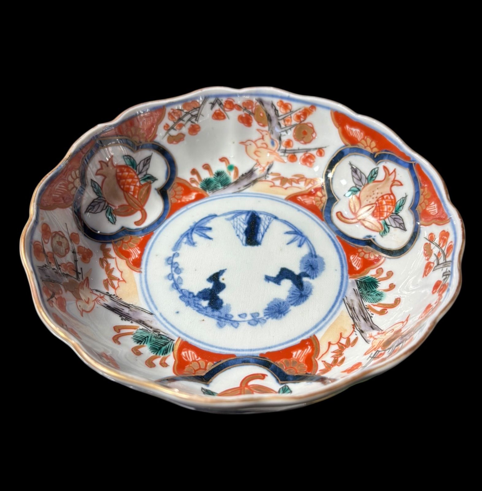 江戸時代 古伊万里 金彩 赤絵 梅鳥草花文図 なます皿 松竹梅 冨貴長春