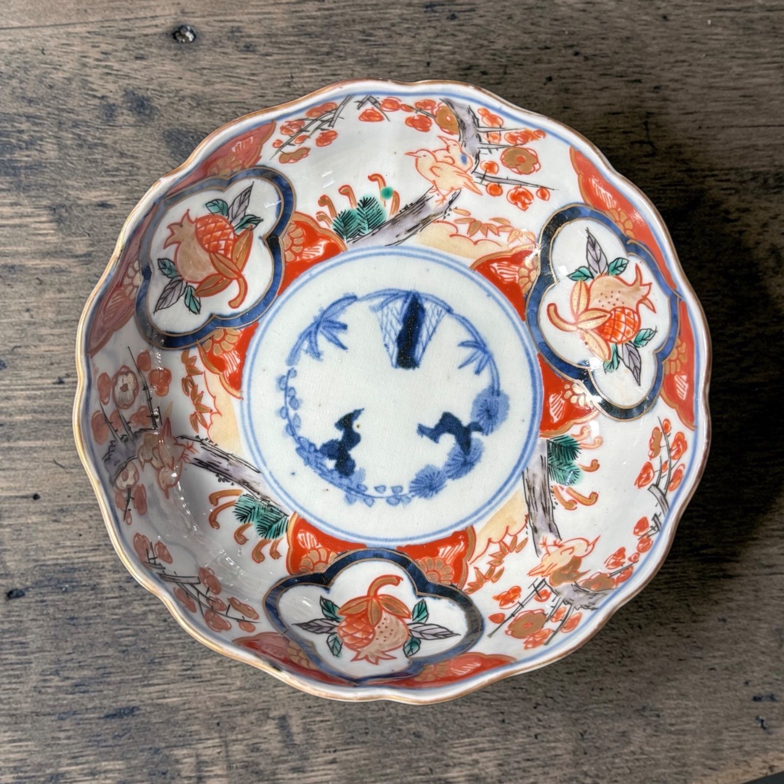 江戸時代 古伊万里 金彩 赤絵 梅鳥草花文図 なます皿 松竹梅 冨貴長春
