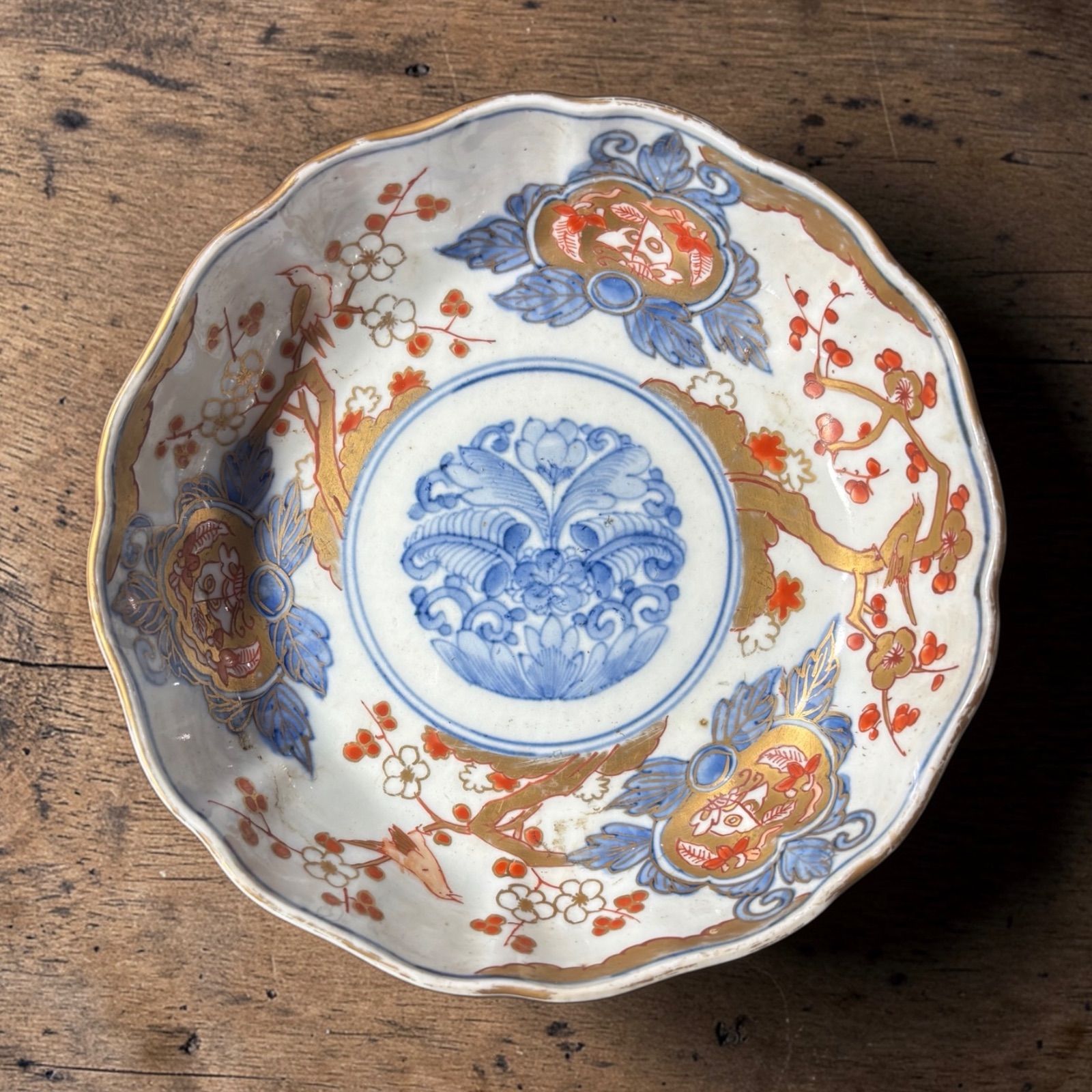 古伊万里 金襴手 赤絵 梅鳥草花文図 なます皿 冨貴長春 金彩 丸皿 取り