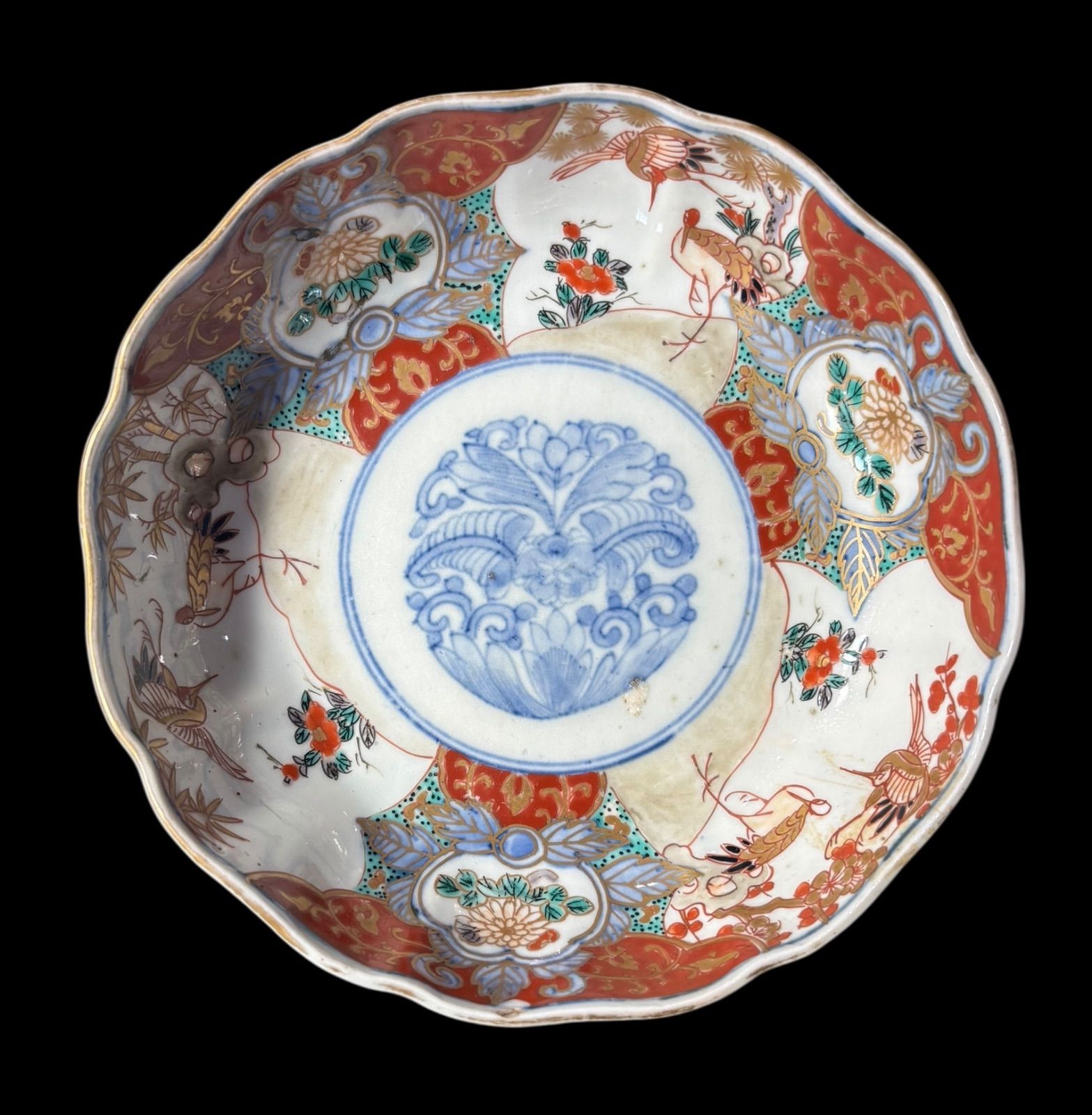 明治時代 古伊万里 金彩 赤絵 鶴竹牡丹文図 なます皿 松竹梅 冨貴長春