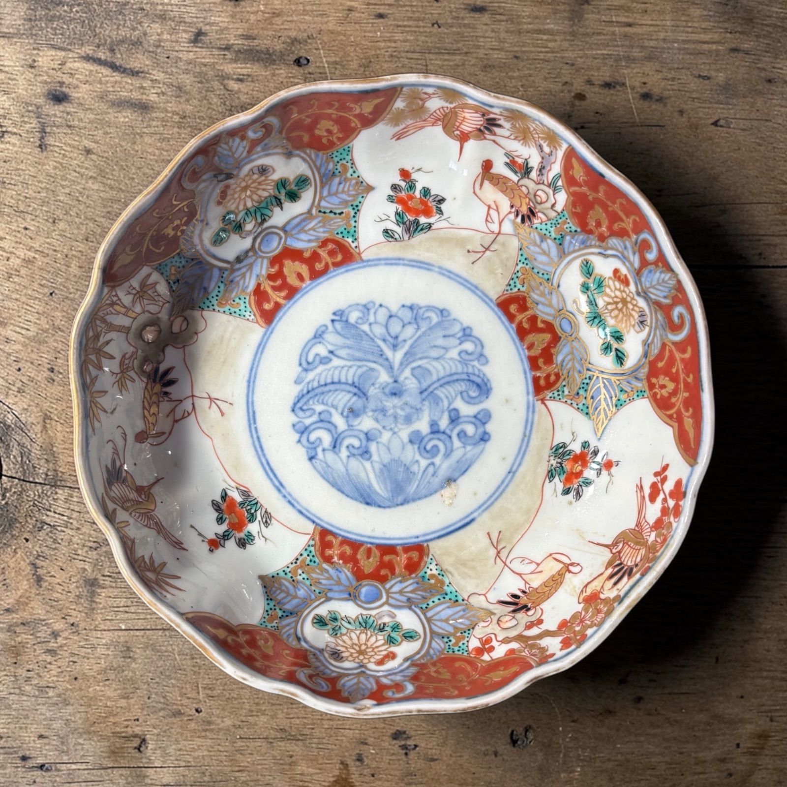 明治時代 古伊万里 金彩 赤絵 鶴竹牡丹文図 なます皿 松竹梅 冨貴長春