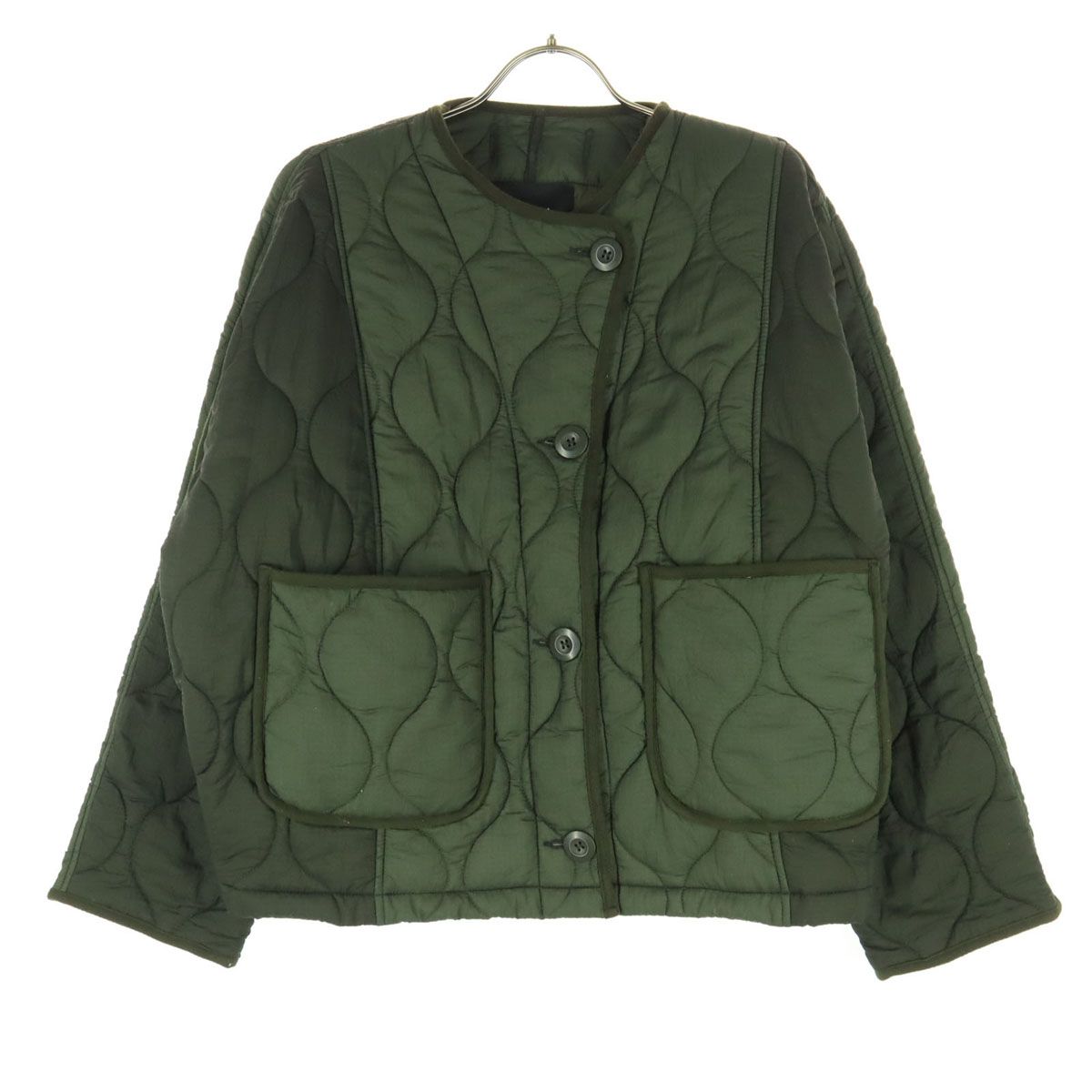 ZARA ザラ 長袖 ノーカラー キルティングジャケット S カーキグリーン 