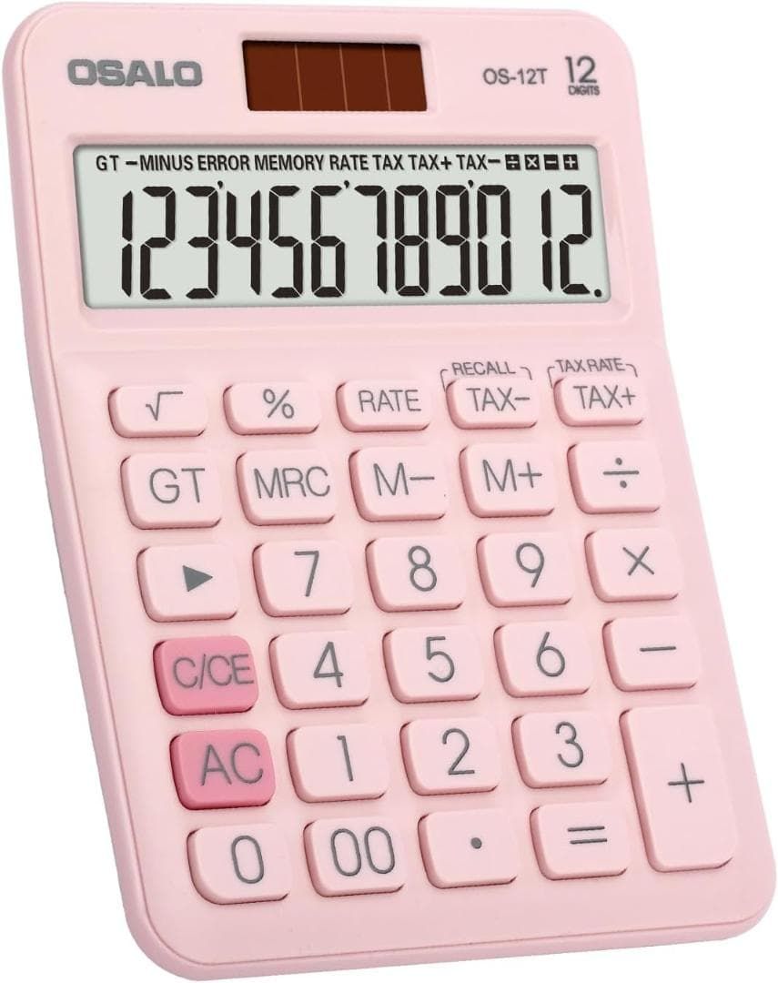 電卓 12桁 ソーラー＆電池併用 税率機能 √平方根 ピンク 282L961