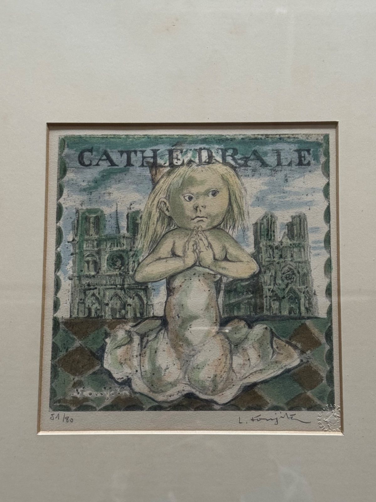 藤田嗣治(レオナール・フジタ)『四十雀:大聖堂』リトグラフ額 直筆