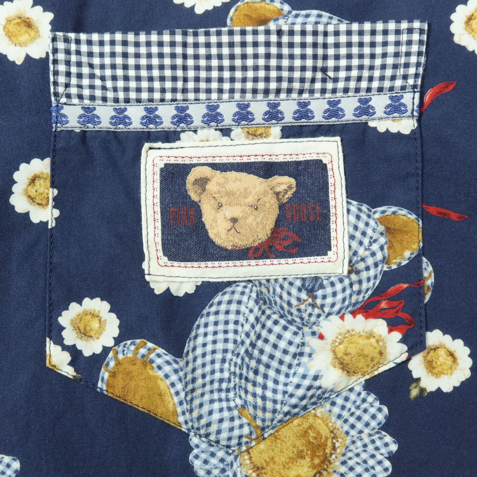ピンクハウス　クマとロゴの刺繍入りパッチワークデニムワンピース　カネコイサオ ピンクハウス☆パッチワーク♪ワンピース くまサンタ×ギンガム♪青系