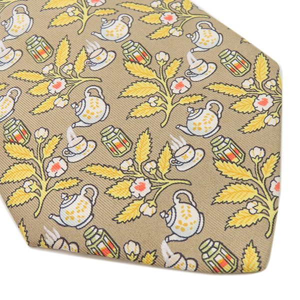 エルメス HERMES ネクタイ クラバット 9cm シルク ベージュ×マルチカラー 植物柄 ティーポット【中古】 エルメス HERMES ネクタイ クラバット 9cm シルク ベージュ×マルチ