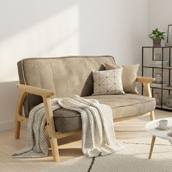 ♪2人掛 天然木 ファブリックソファ ライトブラウン 幅120cm ソファ ファブリック ハイバック 肘掛け 1人暮らし 2人暮らし DINKS 夫婦 新生活 模様替え 新社会人