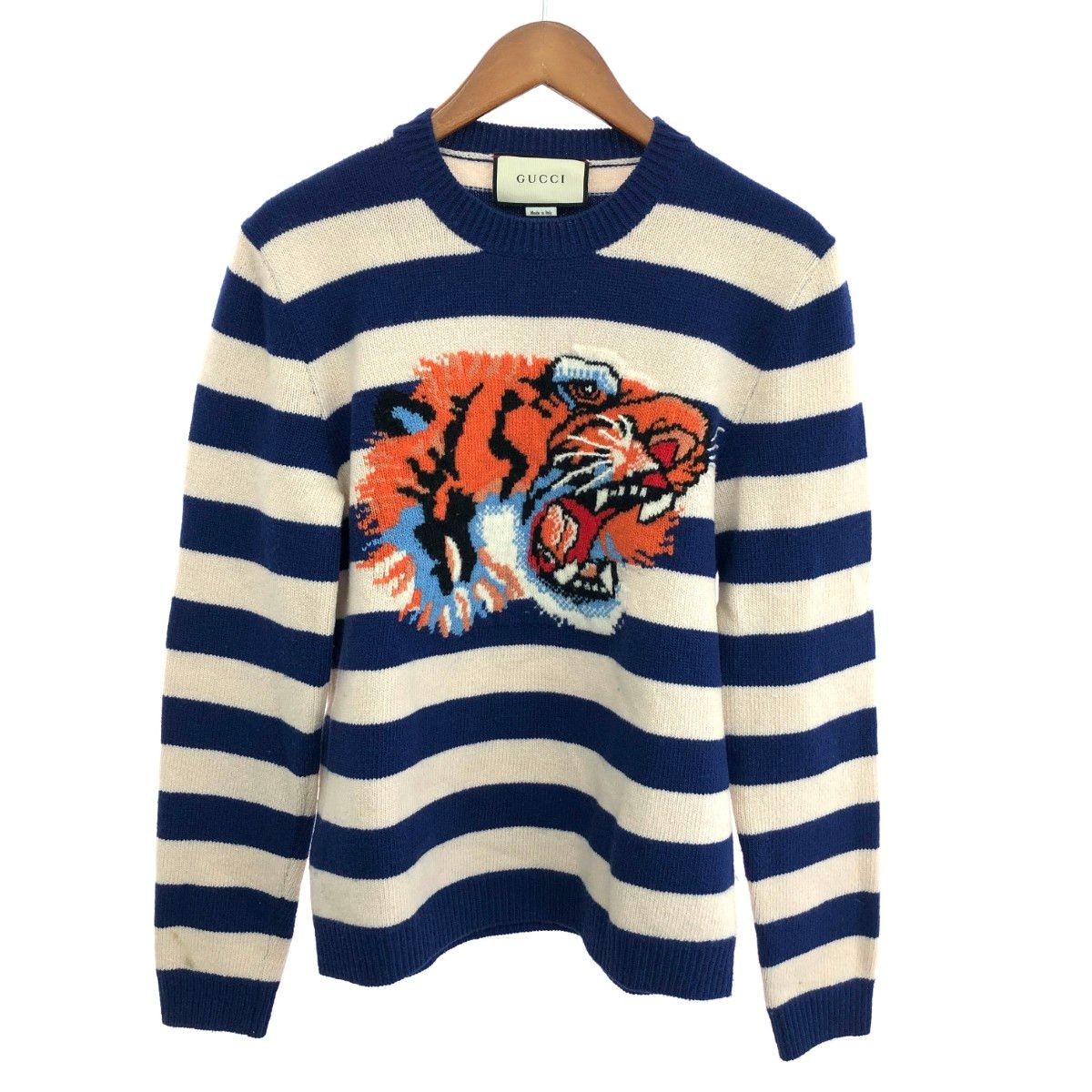 GUCCI グッチ ボーダーニット サイズ:XS タイガープリント    ホワイト/ブルー メンズ / 241011013275 GUCCI グッチ ボーダーニット サイズ:XS タイガープリント ホワイト