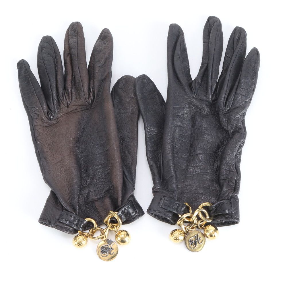エルメス チャーム付 ラムスキン レザー グローブ 手袋 ブラック 黒