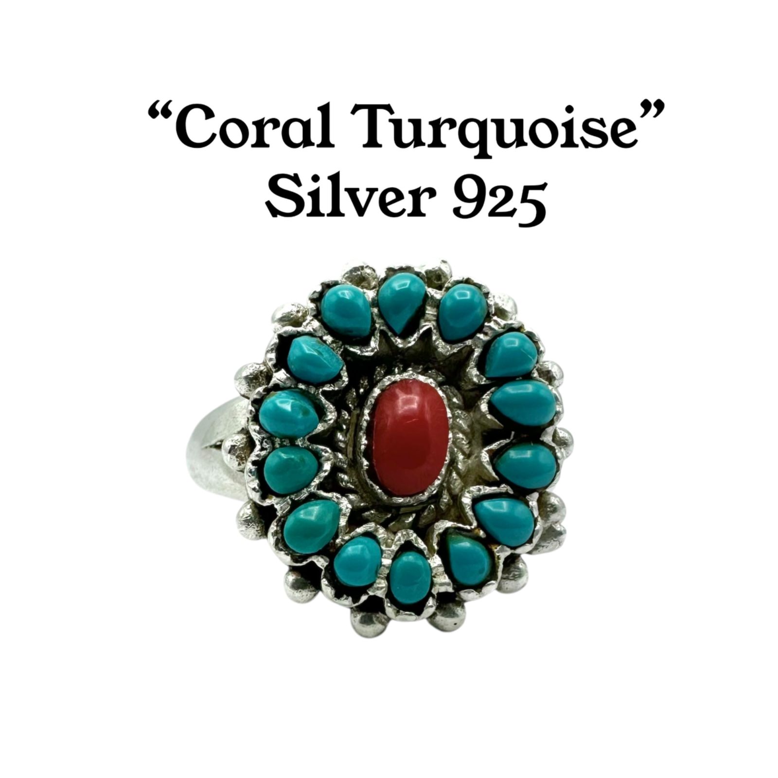 コーラル×ターコイズ】フラワー SILVER 925 刻印 90s Vintage Design