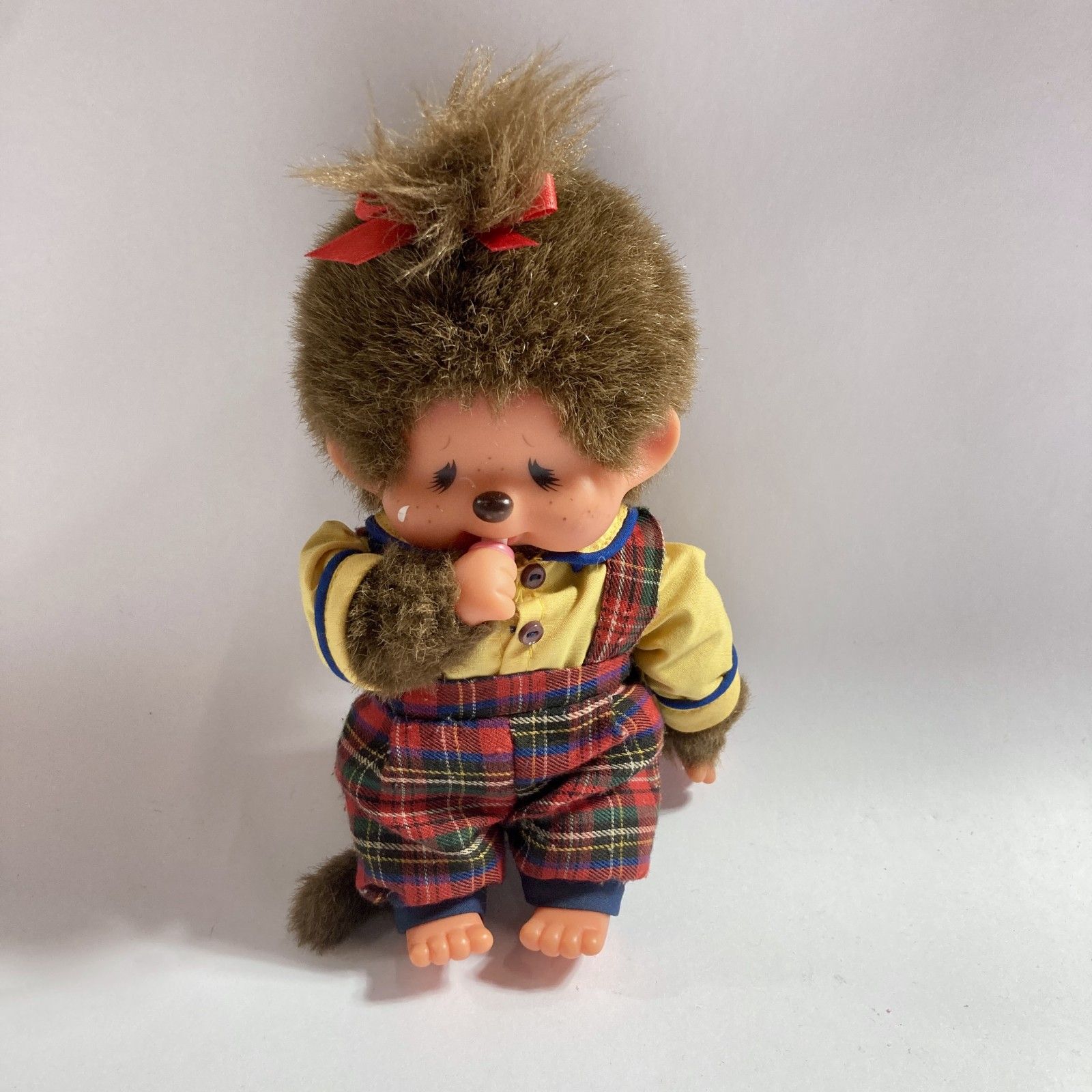 ☆ ヴィンテージ monchhichi モンチッチ 女の子 泣き顔 赤チェック柄