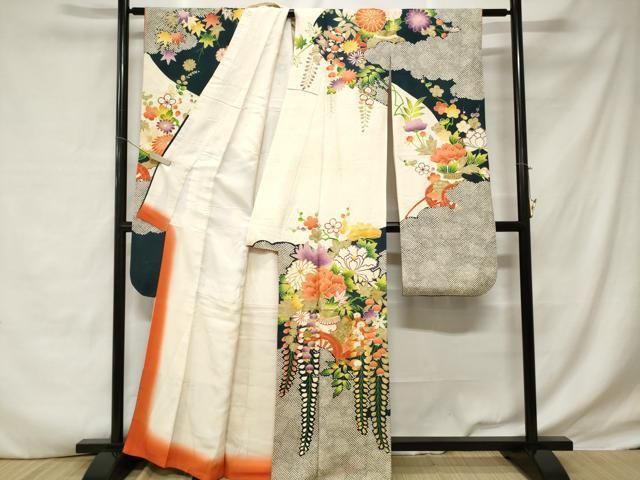 平和屋着物□豪華振袖 駒刺繍 花車文 藤花房 金彩 正絹 逸品