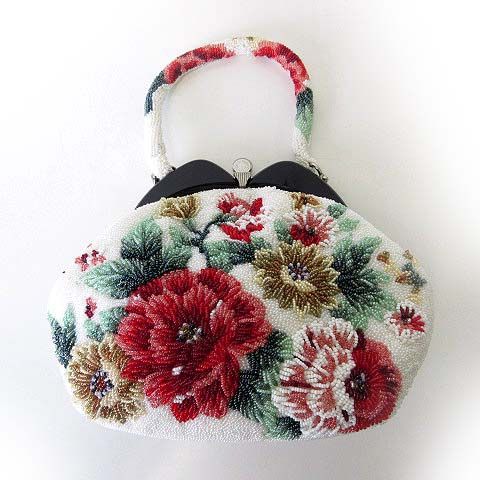 ヴィンテージ ビーズバッグ ハンドバッグ 和装 ポーチ がま口 牡丹 花