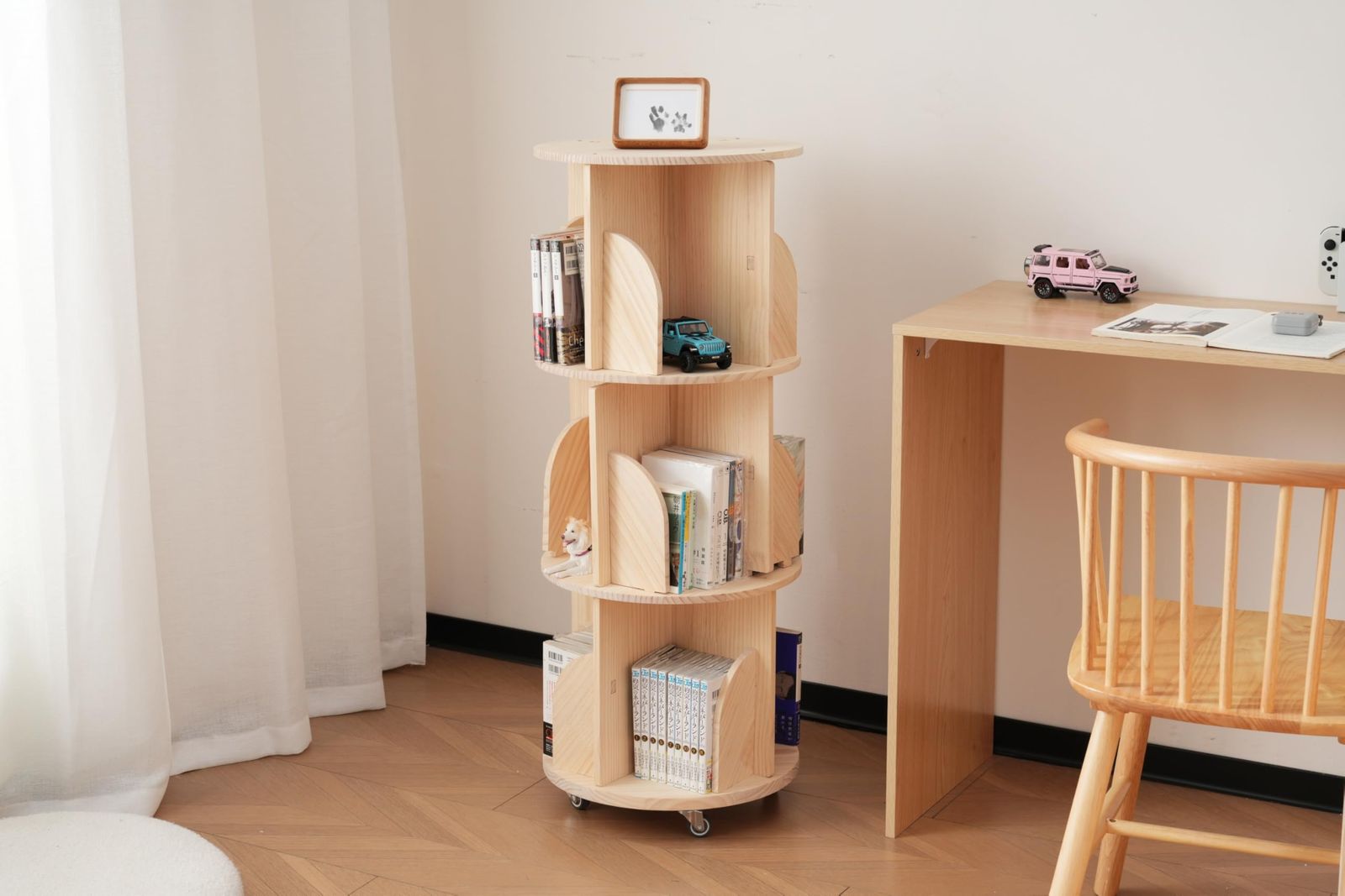 OSJ【4段-キャスタタイプ】回転式本棚 無垢材 キャスター 付き飾り棚