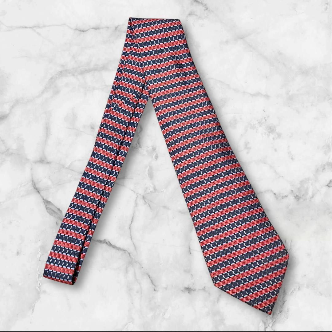 HERMES エルメス ネクタイ シルク フランス製 ストライプ ネイビー 赤