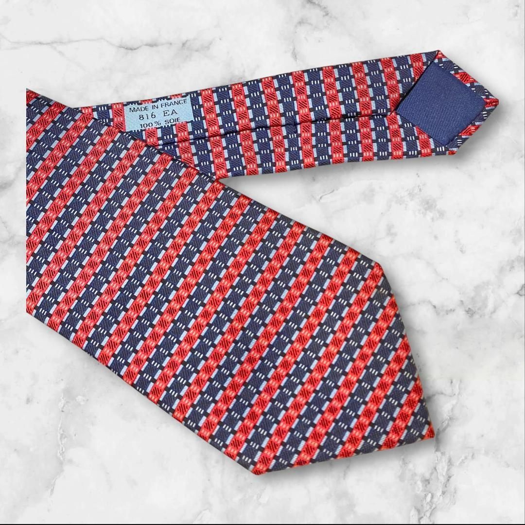 HERMES エルメス ネクタイ シルク フランス製 ストライプ ネイビー 赤