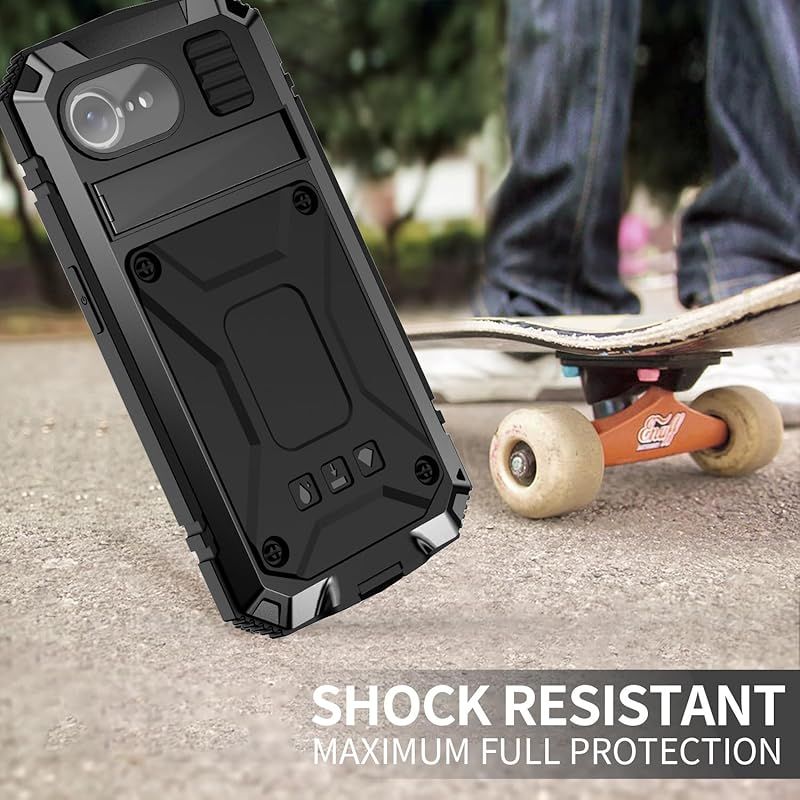 【新品】 PboyiqiS For iPhone 16e ケース，耐衝撃三防アイフォン16e 6.1インチアルミケース，スタンド機能，アルミバンパー ケース 強化ガラス内蔵 ，最強級金属合金 360 強力保護 軍用 耐衝撃 ケー