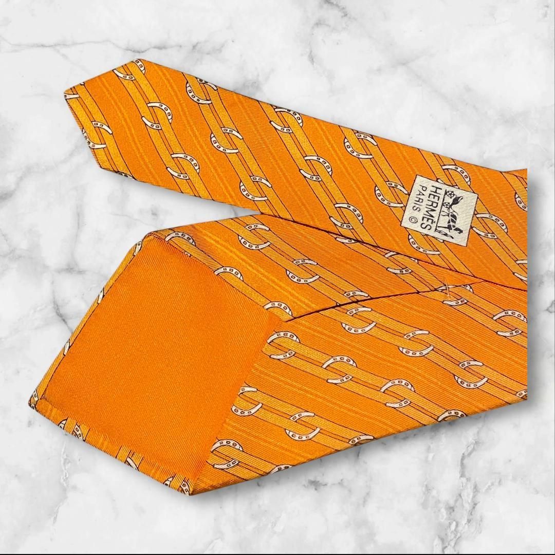 HERMES エルメス ネクタイ 馬蹄柄 オレンジ シルク フランス製 【公式