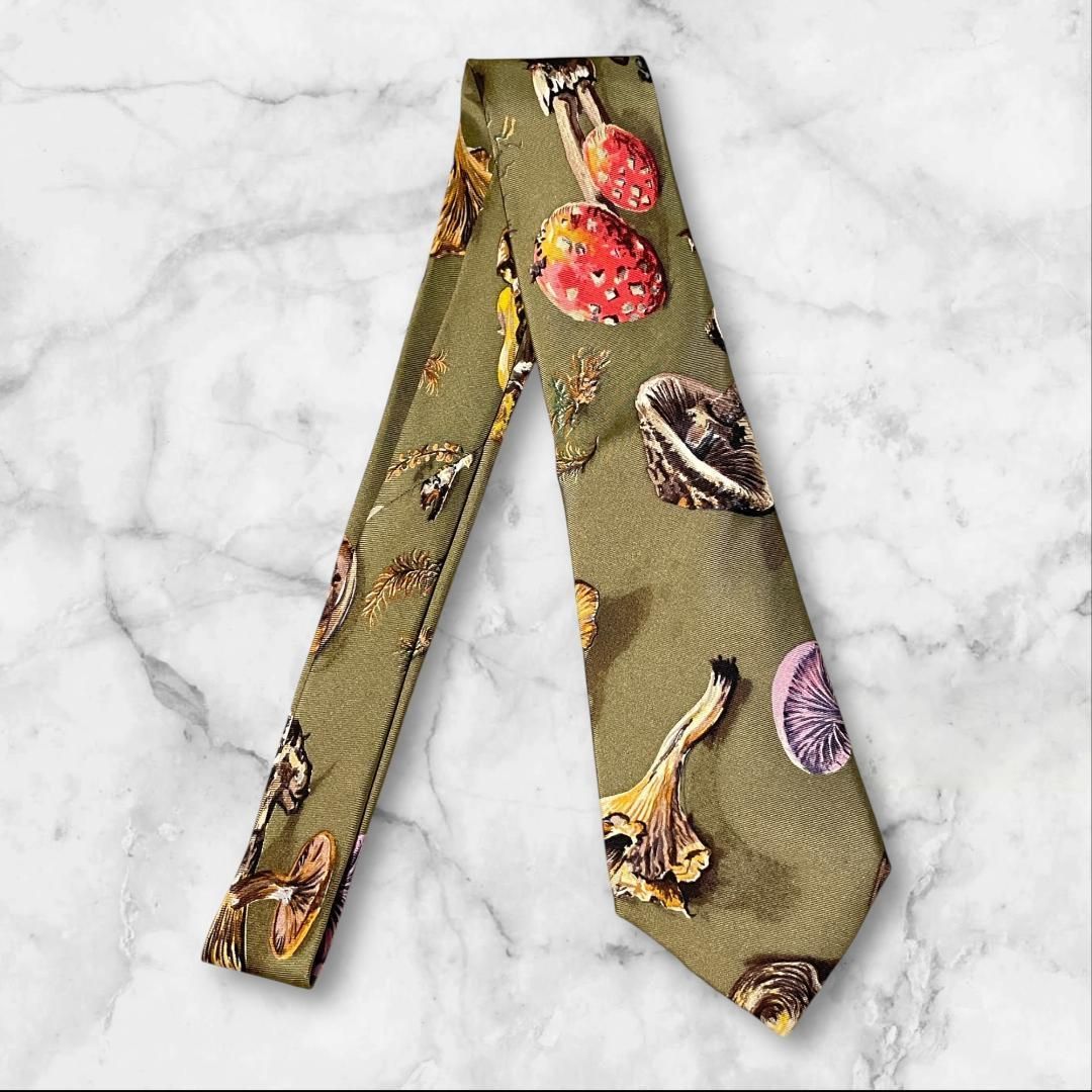 HERMES エルメス ネクタイ シルク100% キノコ柄 グリーン フランス製