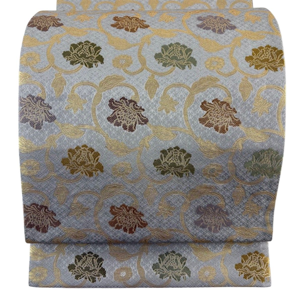 美品】 袋帯 名品 箔屋清兵衛 落款 草木染 花唐草 箔 青灰色 六通 正絹