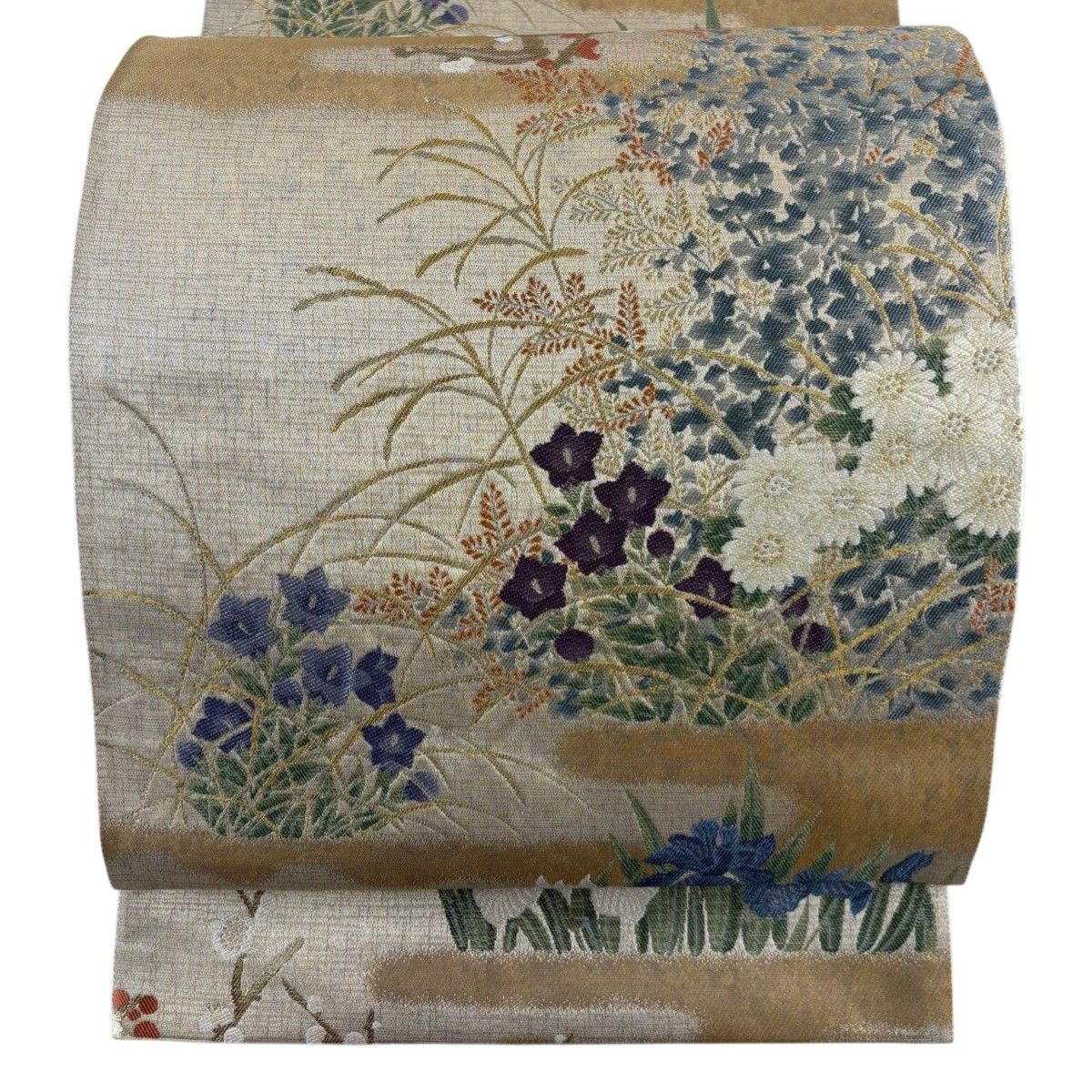 袋帯 名品 じゅらく 落款 花唐草 市松模様 金糸 箔 青紫 六通 正絹