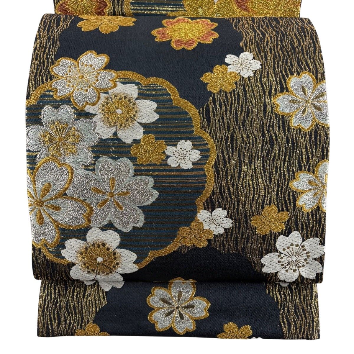 美品】 袋帯 秀品 振袖向き 桜 縞 箔 金銀糸 濃紺 六通 正絹 【中古