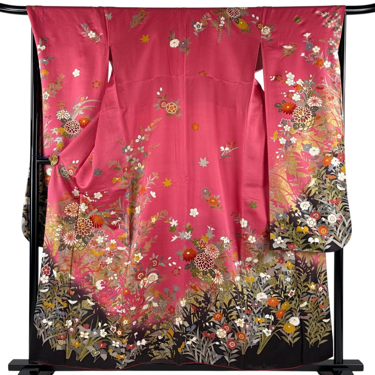 振袖 身丈157cm 裄丈67cm M 袷 花籠 草花 金糸 金彩 濃ピンク 正絹 秀