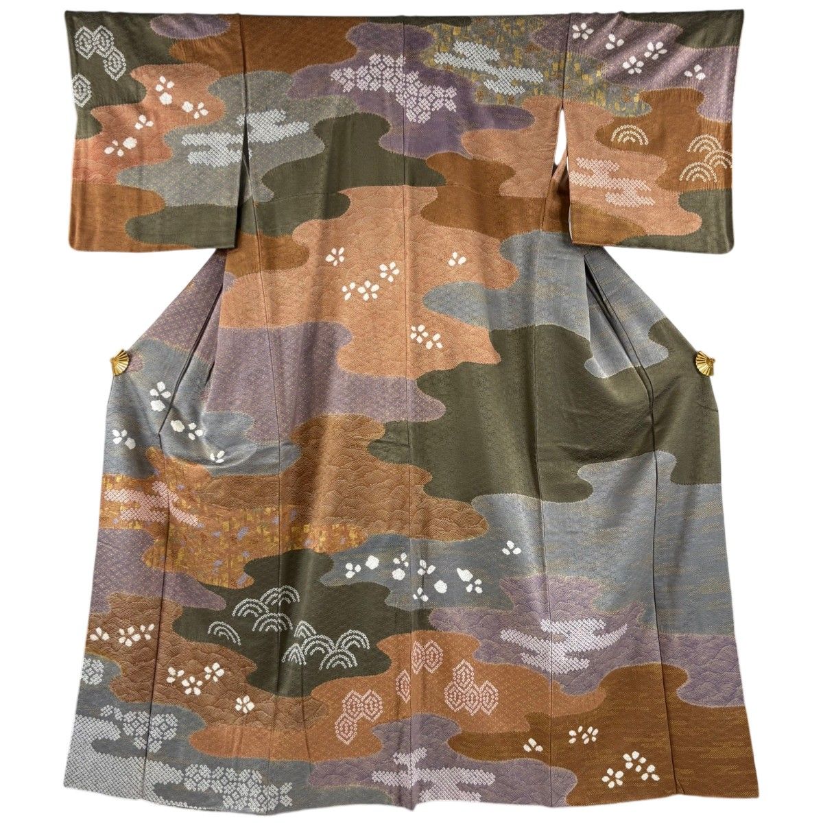訪問着 身丈157.5cm 裄丈65cm M 袷 霞 葉と実 絞り 金彩 茶色 正絹 秀