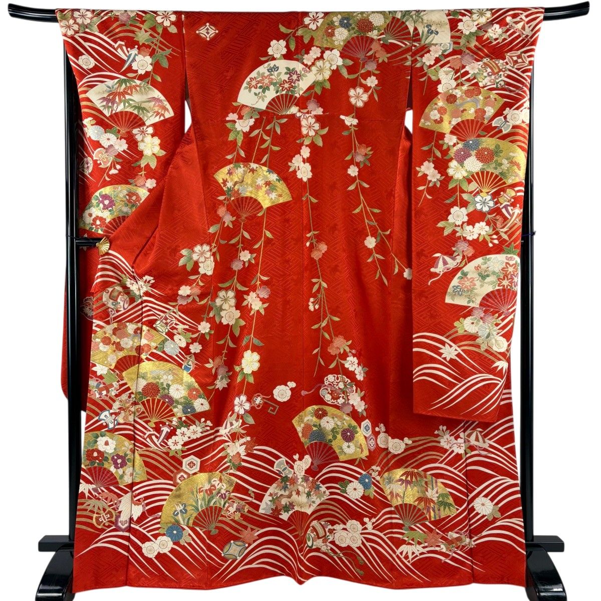 振袖 身丈168cm 裄丈69.5cm L 袷 落款 扇 桜 金糸 金彩 赤 正絹 秀品