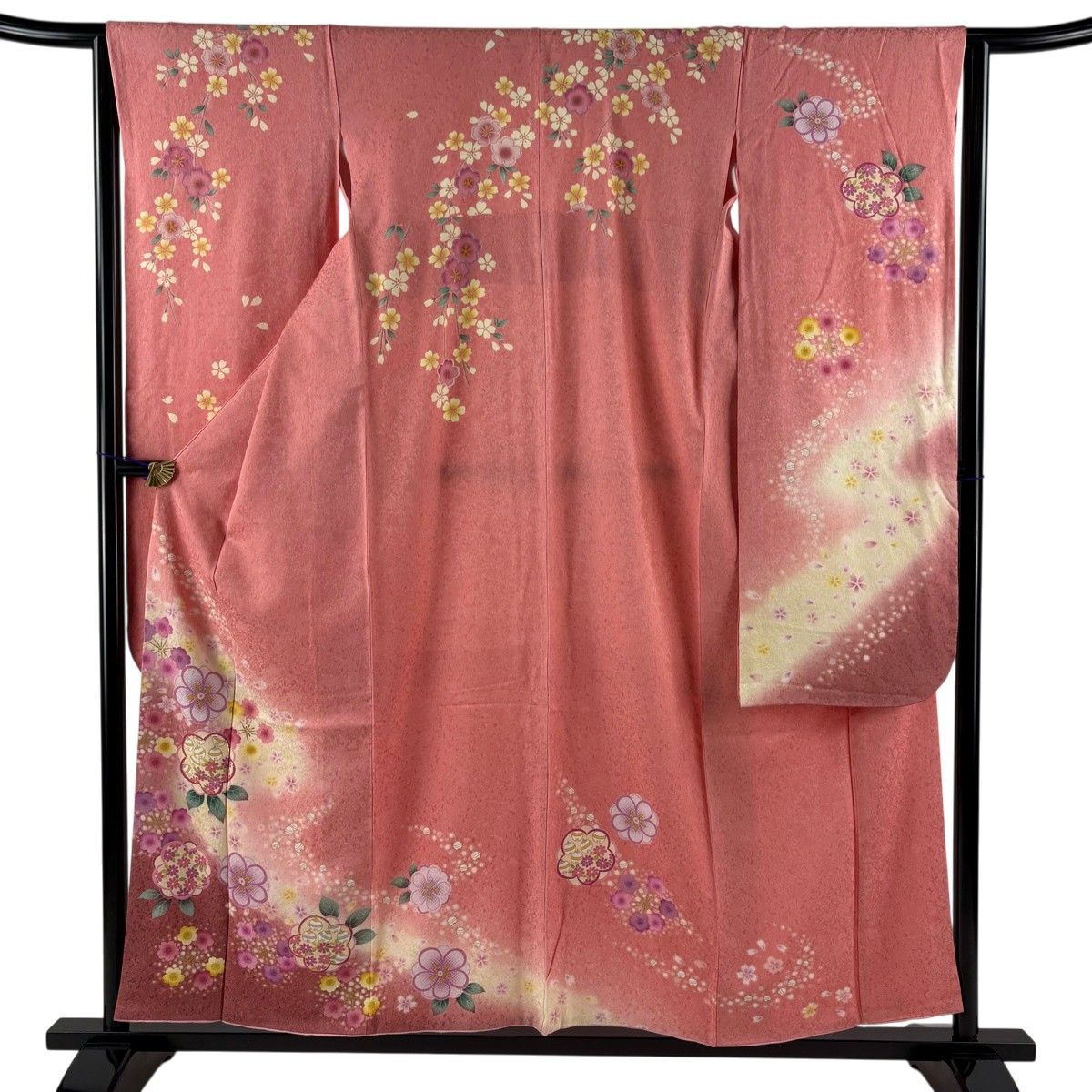 美品】 振袖 身丈157cm 裄丈64.5cm M 袷 草花 鈴 箔 金彩 ピンク 正絹