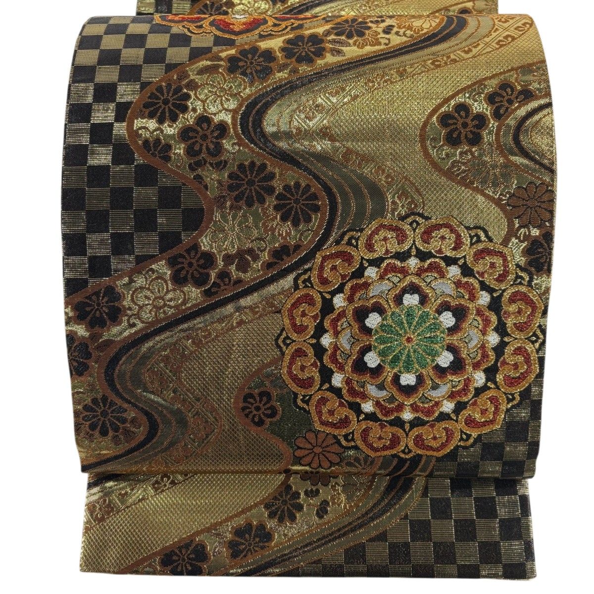 袋帯 美品 秀品 華文 流水 箔 金糸 金色 六通 正絹 【中古】 袋帯 六