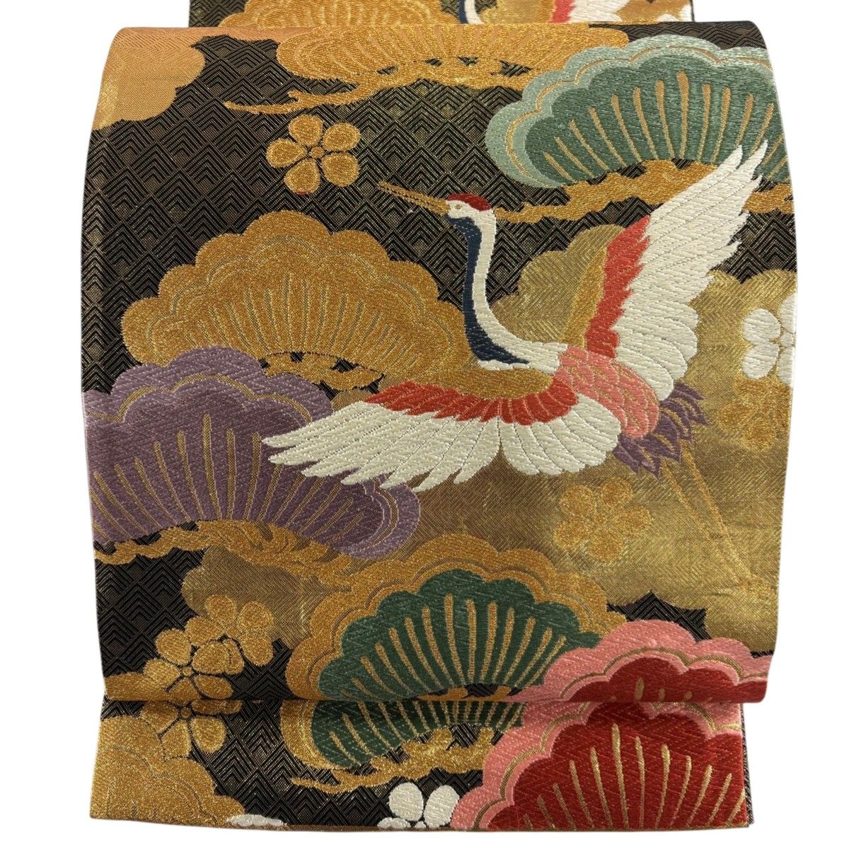 袋帯 美品 秀品 草花 鶴 金糸 箔 金色 お太鼓柄 正絹 【中古】 - 袋帯 