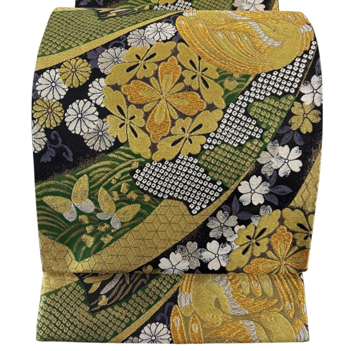 美品】 袋帯 秀品 向かい鳥 菊唐草 金銀糸 箔 黒 六通 正絹 【中古