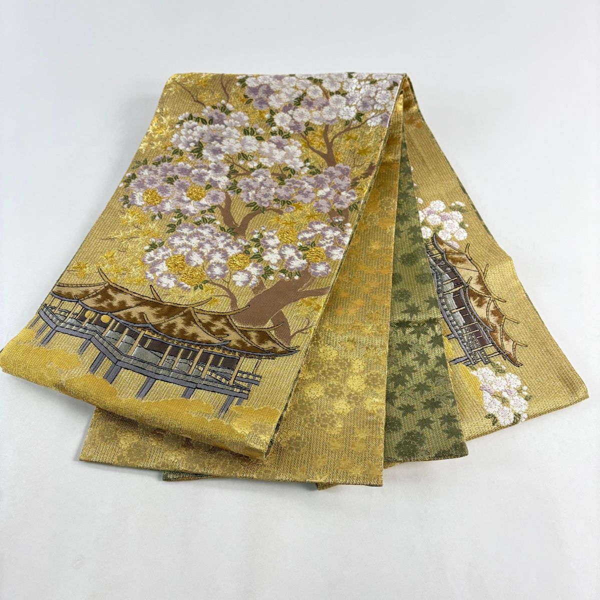 袋帯 逸品 落款 鈴乃屋 桜 清水寺 金銀糸 箔 金色 お太鼓柄 正絹