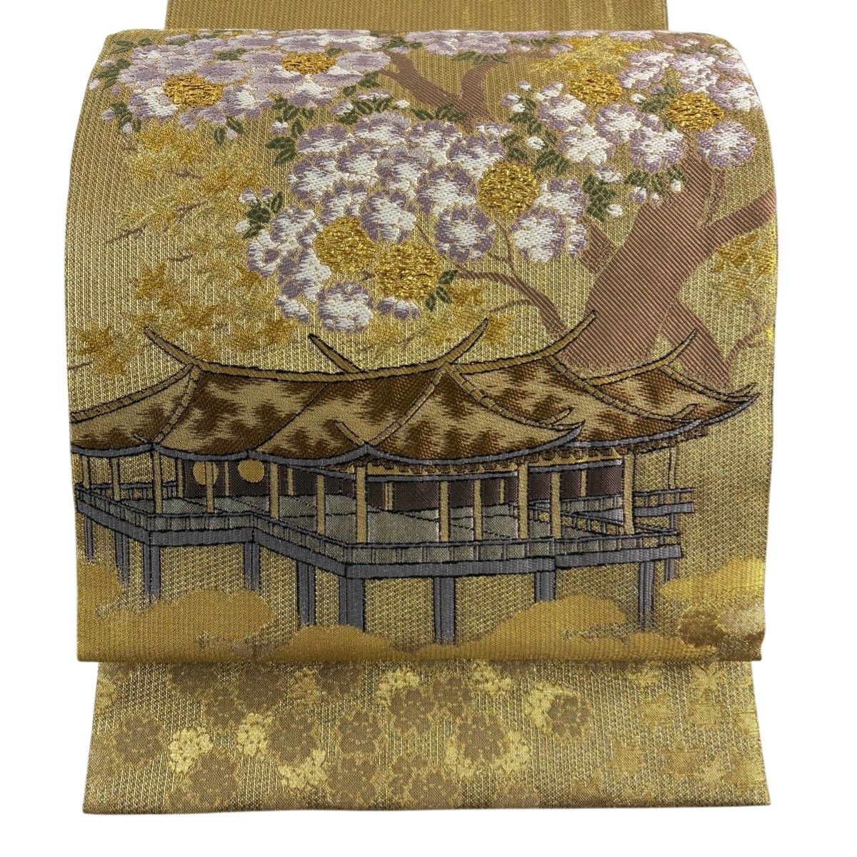 袋帯 逸品 落款 鈴乃屋 桜 清水寺 金銀糸 箔 金色 お太鼓柄 正絹