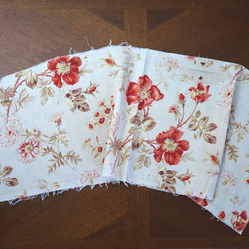 19世紀後期 フランス アンティーク ファブリック はぎれ 赤系 花柄 gf