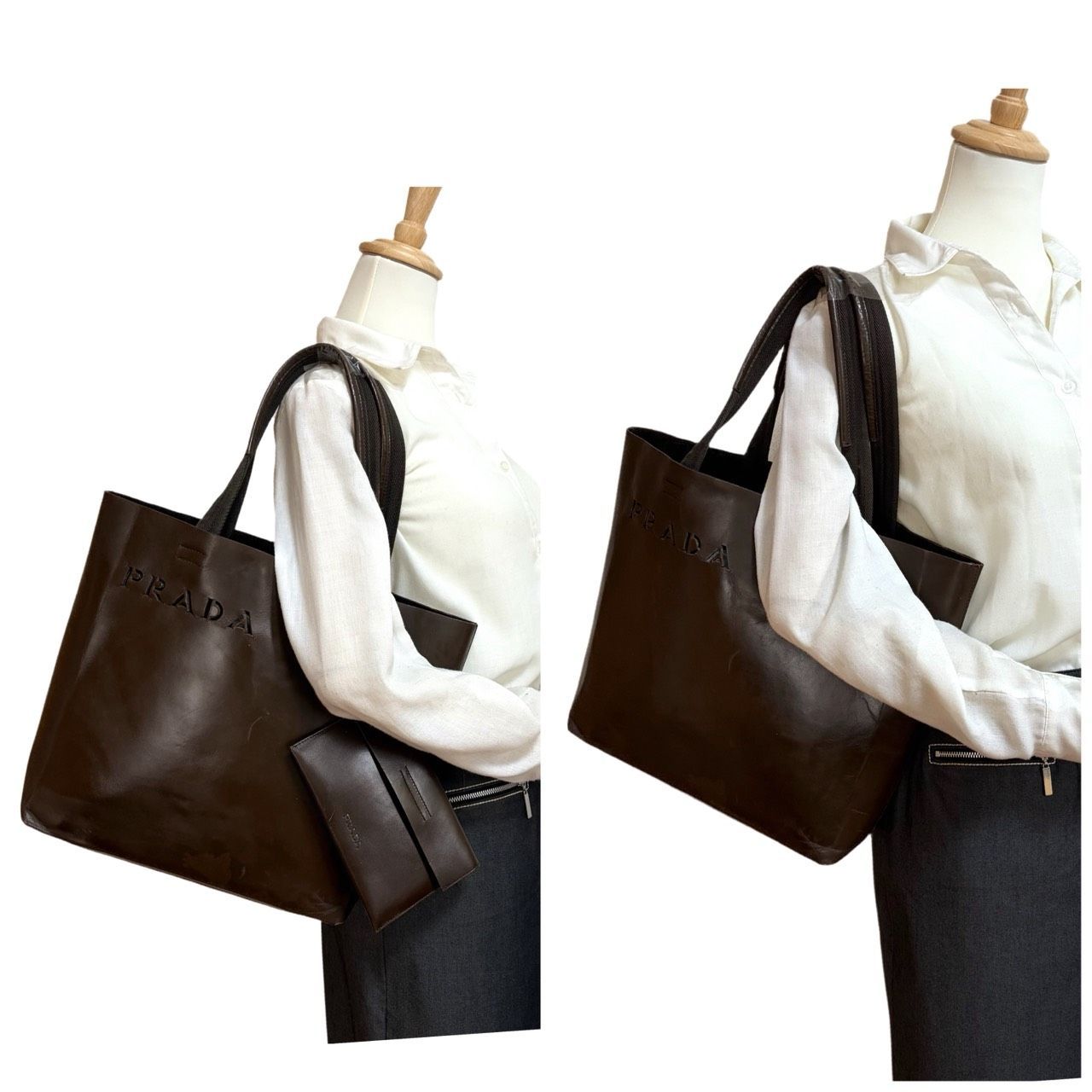 希少✤【PRADA／プラダ】トートバッグ ポーチ付き 型抜きロゴ レザー 