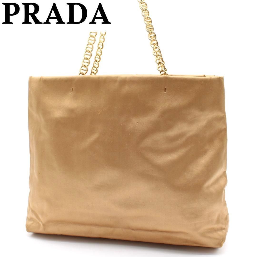 良品】PRADA 三角ロゴプレート ゴールドチェーン トートバッグ