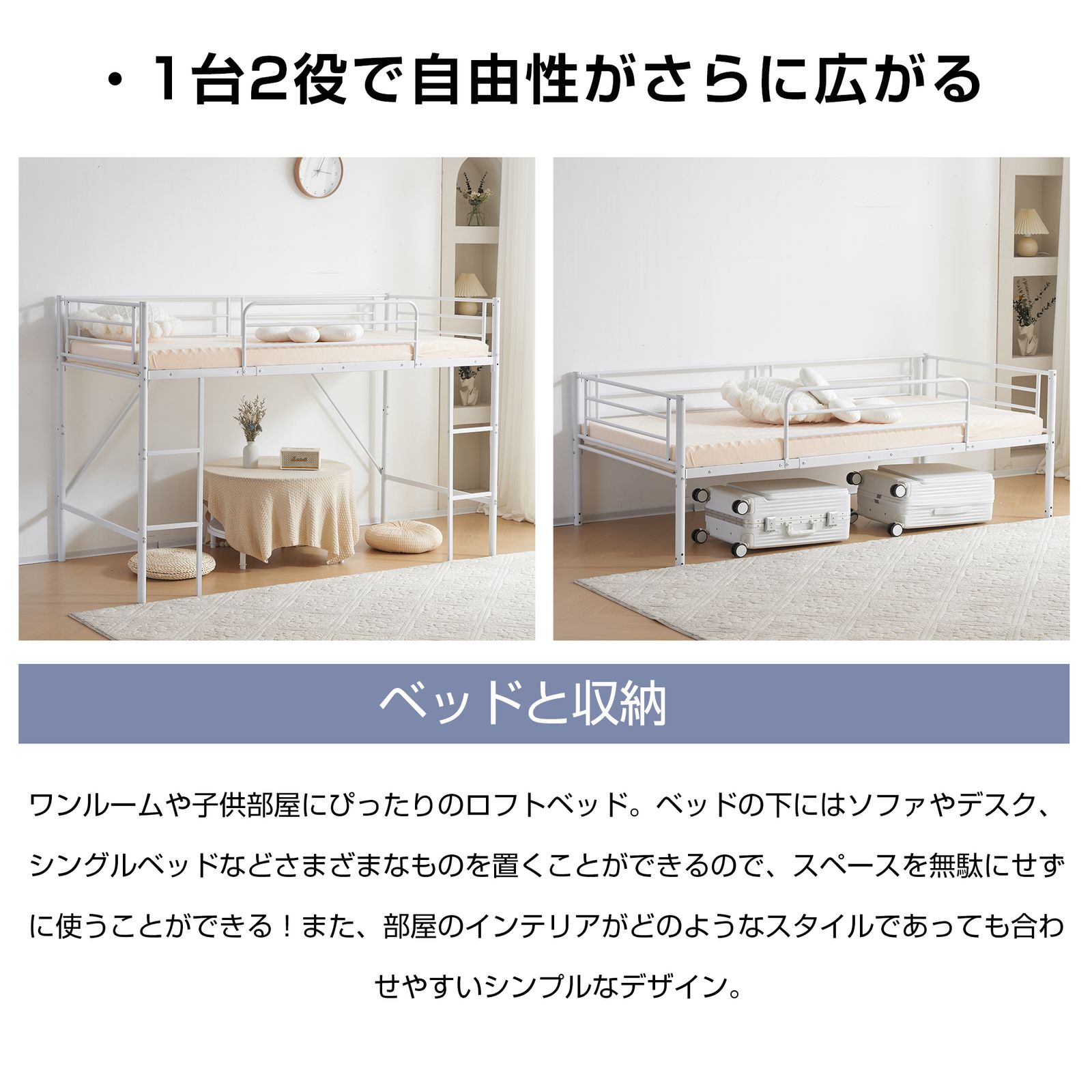 ブラック】ロフトベッド パイプベッド シングル ベッド デスク付