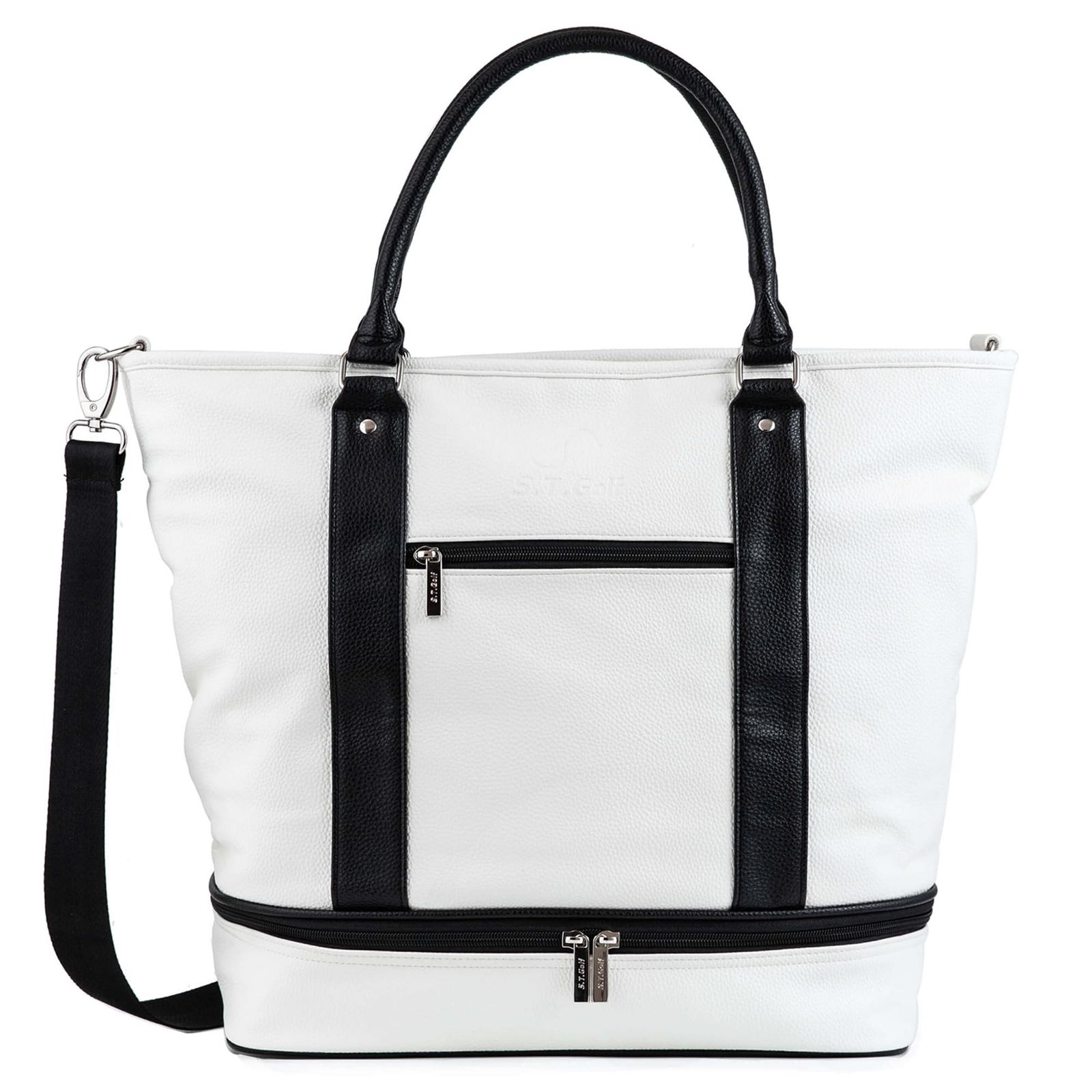  S.T.Golf ゴルフ トートバッグ メンズ PUレザー 大容量 シューズ収納可 3WAY 型押しロゴ ショルダーストラップ付属 防水 ホワイト 人気ゴルフ用品 ゴルフバッグ キャディバッグ ゴルフ