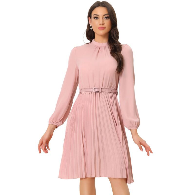 アレグラ ケー レディース トップス ワンピース プリーツ ミディ シャツ ALLEGRA K Womens Work Shirt Dress Long Sleeve Pleated Midi Dresses Light Pink ピンク