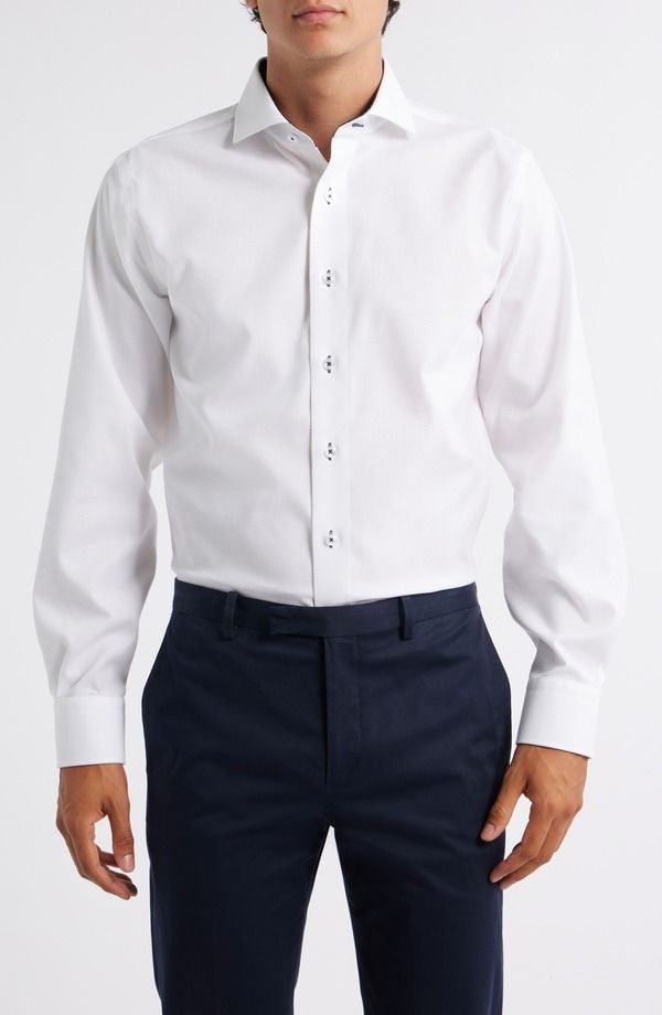 ロレンゾウオモ メンズ トップス シャツ コットン Lorenzo Uomo Trim Fit Solid Whitextured Stretch Cotton Dresshirt White ホワイト