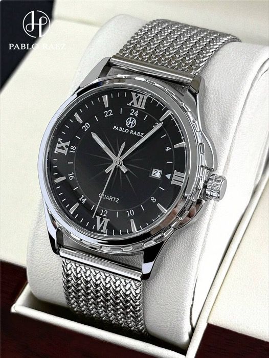 腕時計 メンズ クォーツ 1個 メンズ腕時計 ビジネス用 ステンレススチール SUS304 シルバーケース ラグジュアリー ブラック ソフトで快適なマイクロファイバーレザー ファッション ビッグダイヤル デイト表示