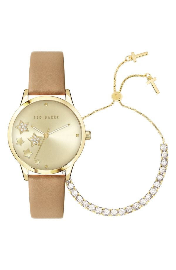 テッドベーカー メンズ アクセサリー 腕時計 レザー Ted Baker London Fitzrovia Leather Strap Watch Bracelet Set 34mm Yellow Gold Tan イエロー