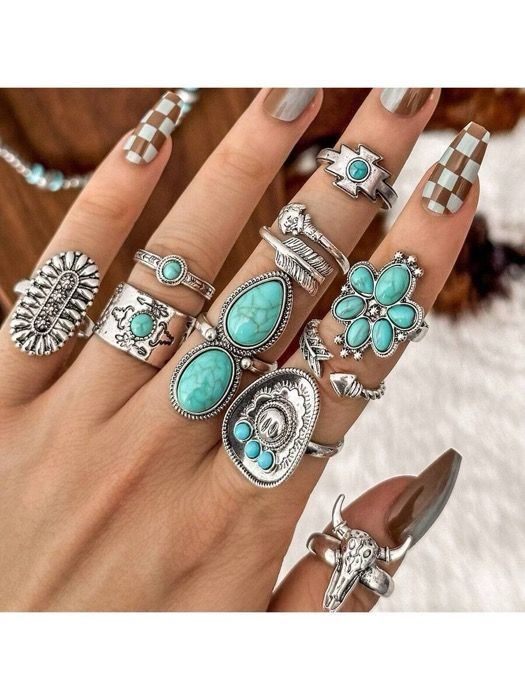リング レディース セット ビンテージ ウエスタン ターコイズ フラワー