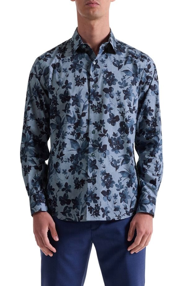 ブガッチ メンズ トップス シャツ フラワー柄 プリント コットン フラワー Bugatchi Julian Shaped Fit Floral Print Stretch Cotton ButtonUp Shirt Cobalt コバルト