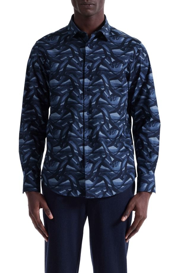 コットンフラワープリントストレッチシャツ｜メンズファッション通販 ブガッチ メンズ トップス シャツ プリント コットン Bugatchi Julian Shaped Fit Abstract Wave Print Stretch Cotton ButtonUp Shirt Navy ネイビー