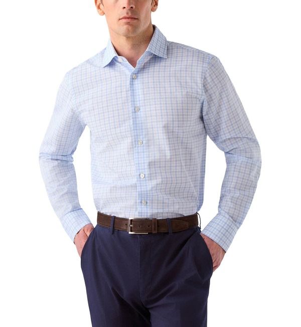 ロバート タルボット メンズ トップス シャツ コットン リネン Robertalbott Reynolds Check CottonLinen Shirt in Classic Fit BlueLight Blue ブルー