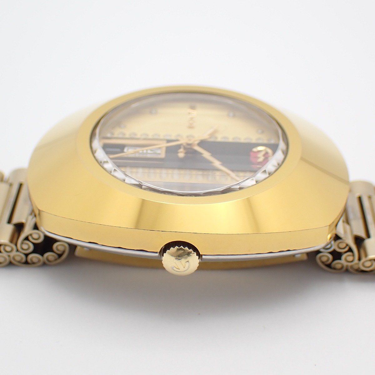  訳あり品 ラドー ダイヤスター 超硬ケース 自動巻き メンズ 腕時計 ゴールドGP デイデイト 黒|ゴールド文字盤 636.0313.3 いおき質店 Tシャツ 自動巻き時計 腕時計(アナログ)