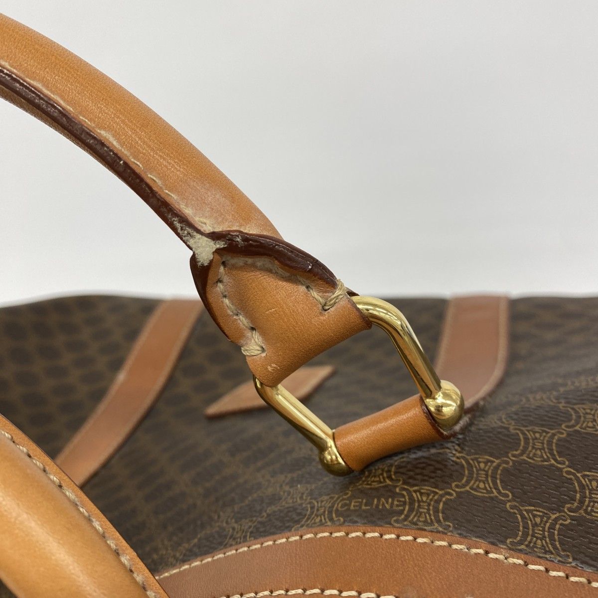6ca0766-k】セリーヌ ボストンバッグ マカダム PVC ブラウン ゴールド